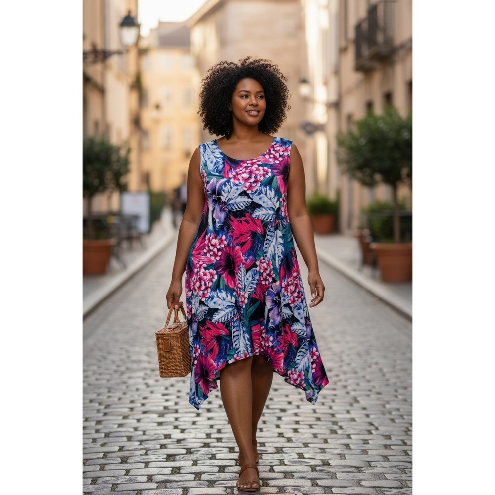 LBISSE Women's 1X Tropical Floral Sharkbite Hem Sleeveless Dress Pink Blue